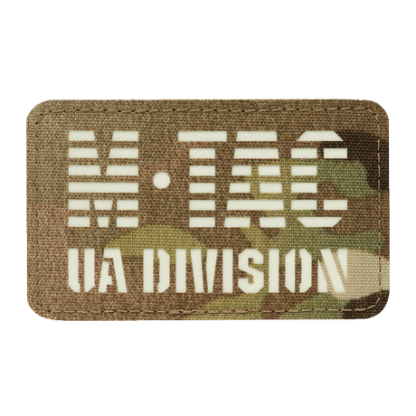 M-Tac Patch UA Division Laser Cut, selvlysende morale patch i Cordura 500D med velcro, ideel til uniform eller taktisk udstyr.