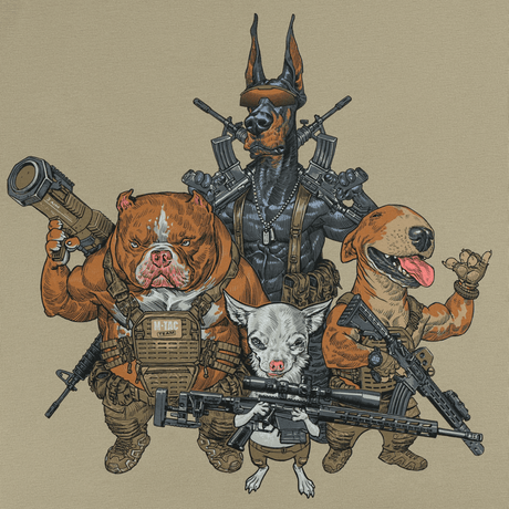 Tegning af M-Tac T-Shirt Rex Team med forskellige hunde udstyret med taktisk gear, der symboliserer venskab og teamwork.