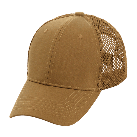 M-Tac Mesh Flex Ripstop Baseball Cap i brun farve, let og åndbar med Ripstop front og mesh-paneler, perfekt til udendørs brug.