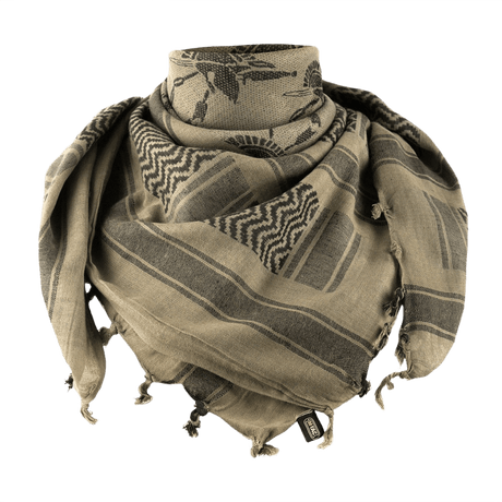 M-Tac Shemagh Tørklæde Spartan i beige med Spartans-tema, taktisk beskyttelse mod sol, sand og vind, størrelse 110 x 110 cm, bomuld