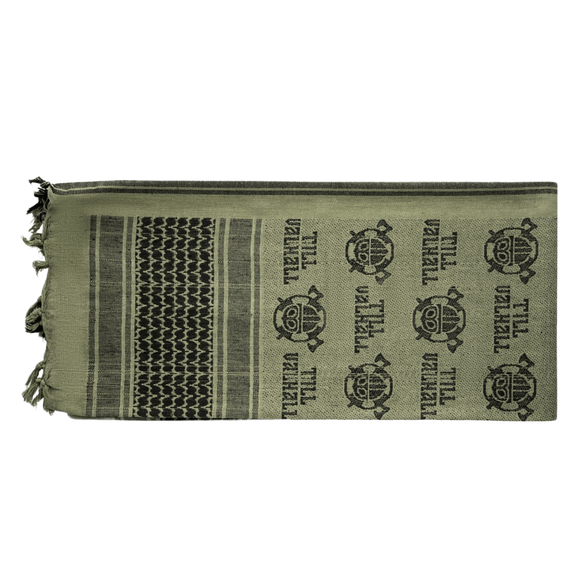 M-Tac Shemagh Tørklæde Til Valhall i olivengrøn med "Til Valhall" motiv, 105x105 cm, taktisk design i 100% bomuld.