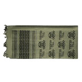 M-Tac Shemagh Tørklæde Til Valhall i olivengrøn med "Til Valhall" motiv, 105x105 cm, taktisk design i 100% bomuld.