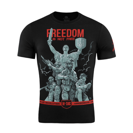M-Tac T-Shirt Freedom med militærpersonel, modstandssymboler, skjold og sværd, fremhæver beslutsomhed og frihed i blød bomuldsblanding.