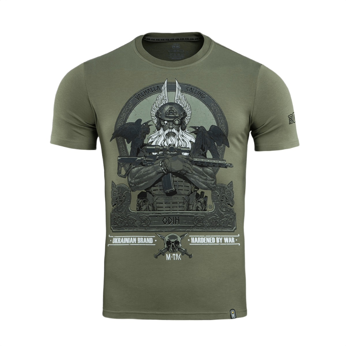 M-Tac T-Shirt Odin med print af Odin, ravne Hugin og Munin og teksten 'Valhalla Calling', bomulds- og elastanblanding, militærgrøn.