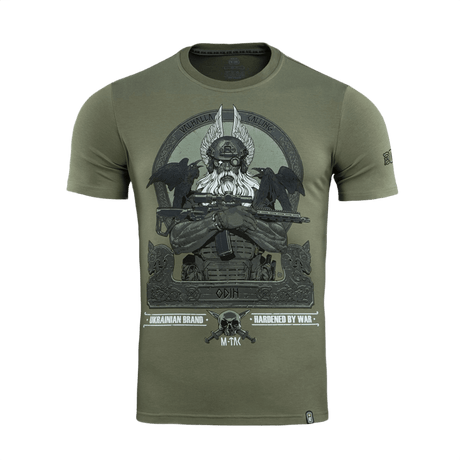 M-Tac T-Shirt Odin med print af Odin, ravne Hugin og Munin og teksten 'Valhalla Calling', bomulds- og elastanblanding, militærgrøn.