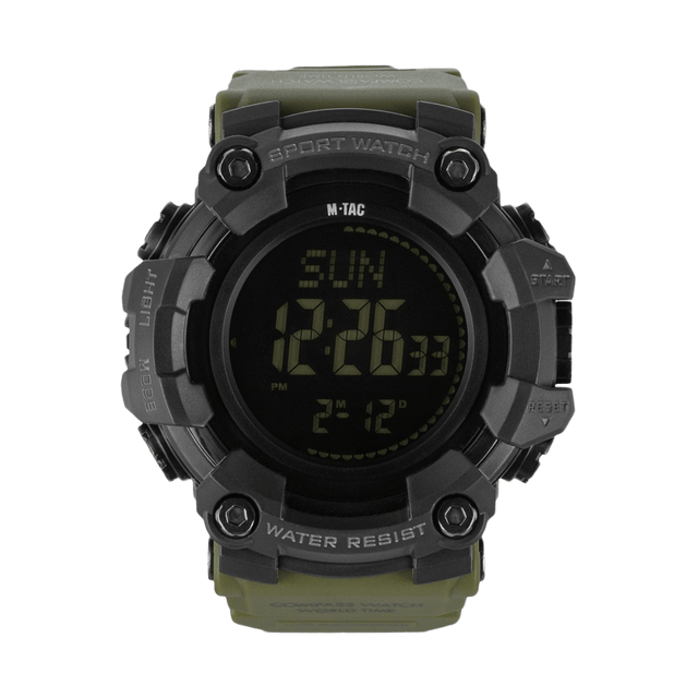 M-Tac Tactical Ur 2037 med LED-baggrundsbelysning, kompas og robust design i ABS-plast, ideel til taktisk og outdoor brug, vandtæt 5ATM.