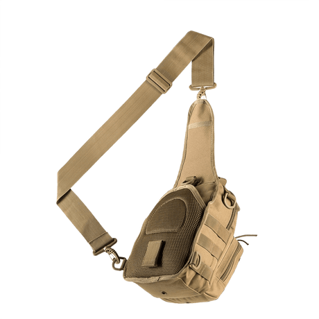 M-Tac Urban Line City Patrol Taske i slidstærkt polyester, hybrid taske og rygsæk med justerbart skulderbånd, khaki farve.