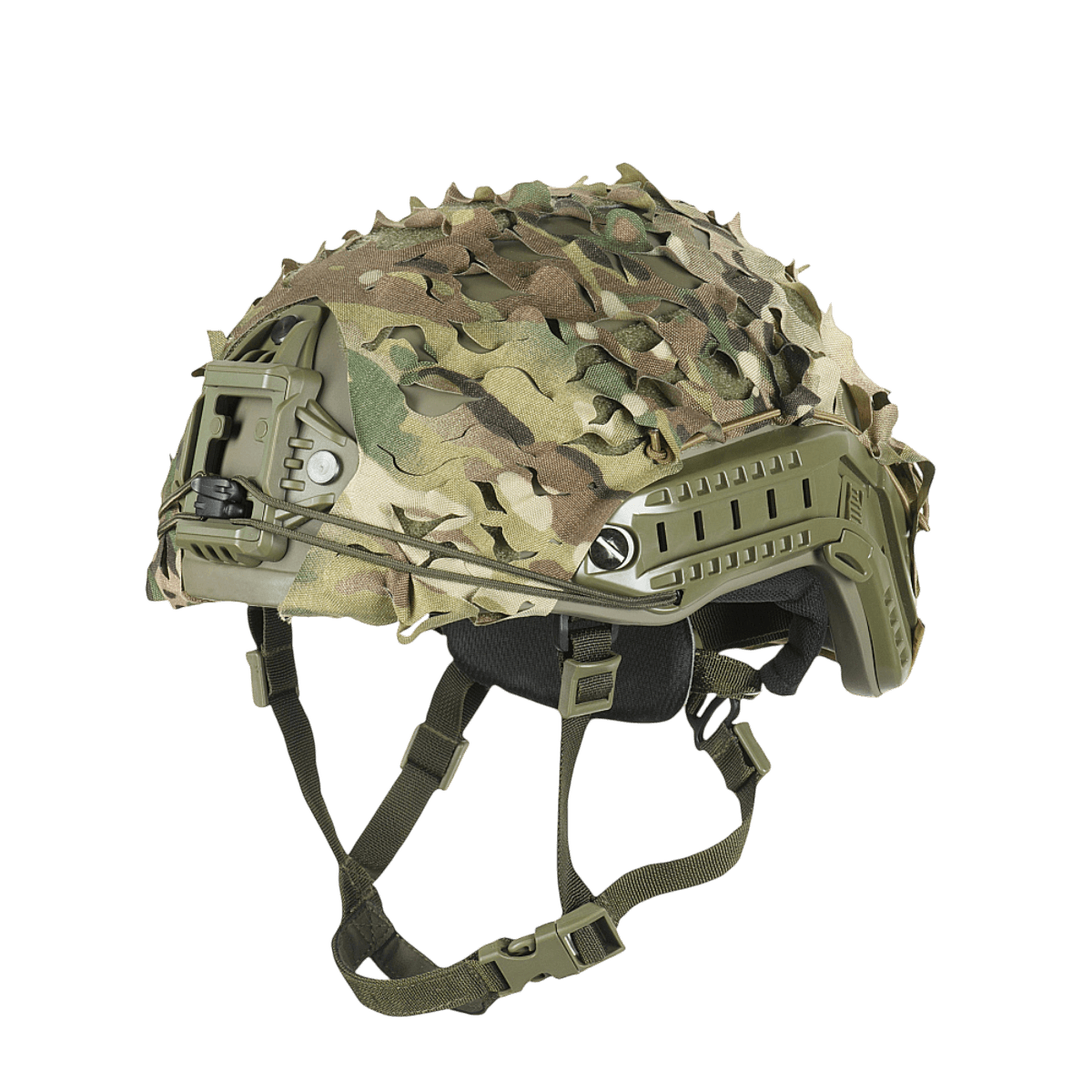 M‑Tac Vilha Hjelmcover FAST camouflage hjelm med multicam mønster, Cordura 500D materiale til beskyttelse og nem Velcro-fastgørelse.