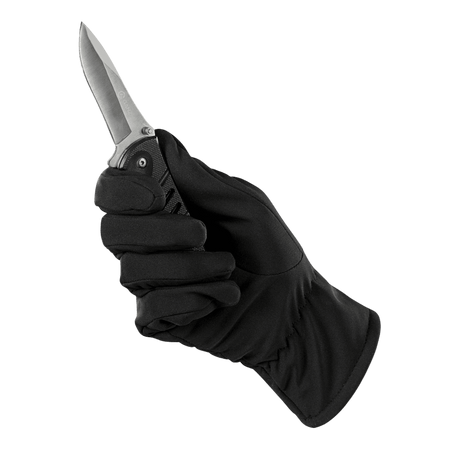 M-Tac Vinterhandsker Soft Shell i sort med en knivholder funktion, der viser handskeegenskaber og greb for maksimal komfort og beskyttelse.