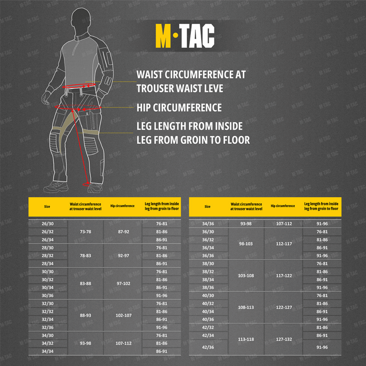 M-Tac Bukser Aggressor Summer Flex størrelsesguide med kropsmål som talje, hofter og benlængde for optimal pasform. Perfekt til sommerbrug.