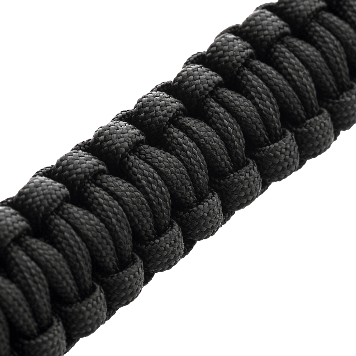 M-Tac Paracord Armbånd i sort, forstørret udsyn af det stærke og lette reb, ideelt til overlevelses- og friluftslivssituationer.