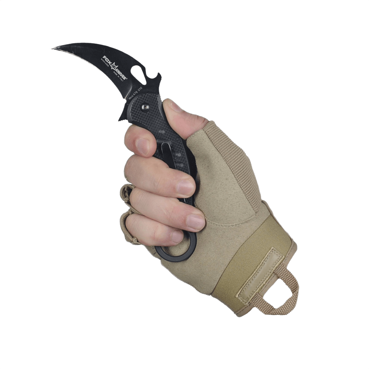 M-Tac Fingerløse Handsker Assault Tactical Mk.3 med specialsyntetisk materiale og kniv i hånden for taktik og kontrol.