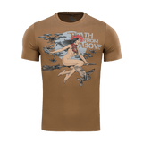 M-Tac T-Shirt Death From Above med heksedesign og droner, brun t-shirt i bomuld og elastan, modstandsdygtigt print, moderne militær stil