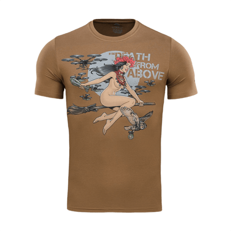 M-Tac T-Shirt Death From Above med heksedesign og droner, brun t-shirt i bomuld og elastan, modstandsdygtigt print, moderne militær stil