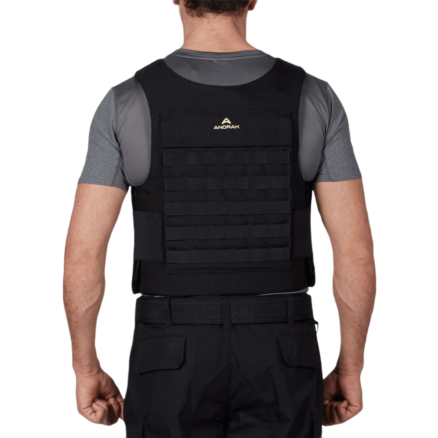 Anorak Niobium® Duty III-M Stik & Skudsikker Vest viser beskyttende panser i sort design set bagfra, ideel til multi-trussel beskyttelse.
