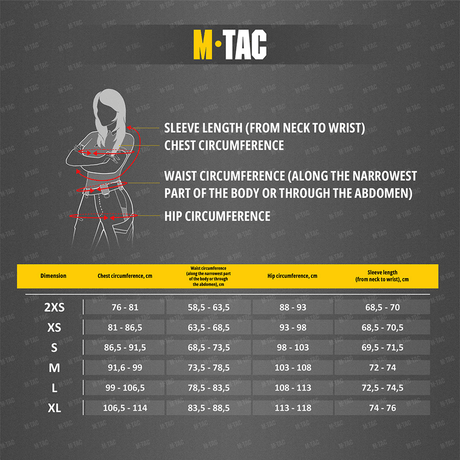 Størrelsesguide for M-Tac Damevest Primaloft med mål for bryst, talje og hofte, fremhævet ved hjælp af en grafisk illustration.